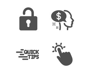 Set of Lock, Education and Pay icons. Touchpoint sign. Private locker, Quick tips, Beggar. Touch technology.  Classic design lock icon. Flat design. Vector