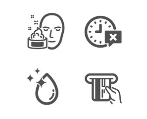 Set of Time, Face cream and Water drop icons. Credit card sign. Remove alarm, Gel, Crystal aqua. Atm payment.  Classic design time icon. Flat design. Vector