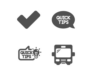 Set of Education idea, Tick and Quickstart guide icons. Bus sign. Quick tips, Confirm check, Helpful tricks. Tourism transport.  Classic design education idea icon. Flat design. Vector