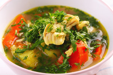 Tasty soup with chicken and vegetables. closeup