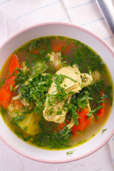 Tasty soup with chicken and vegetables. closeup
