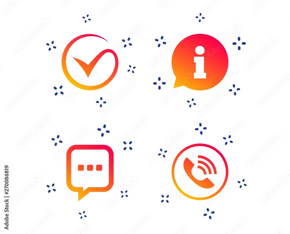 Poster check or tick icon. phone call and information signs. support communication chat bubble symbol. rand