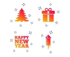 Happy new year icon. Christmas tree and gift box signs. Fireworks rocket symbol. Random dynamic shapes. Gradient fireworks icon. Vector