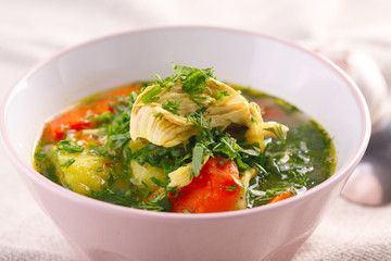Tasty soup with chicken and vegetables. closeup