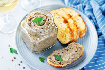 Lentil black bean mushroom pate with glasses of wine