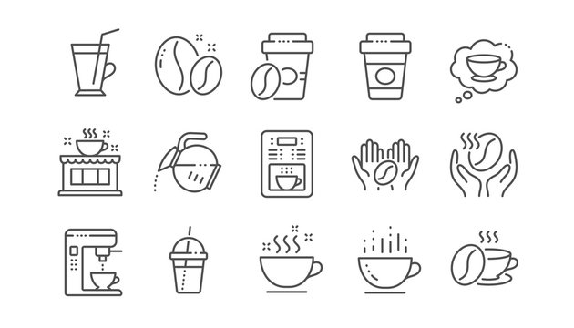 Coffee line icons. Beans, hot cocktail and coffee maker machine. Espresso cup, cappuccino line icons. Latte vending machine and roasted beans. Linear set. Vector