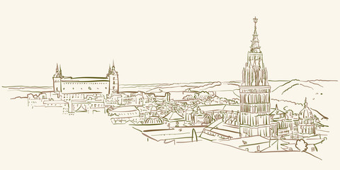 Landmark view drawing of Toledo, Spain - obrazy, fototapety, plakaty