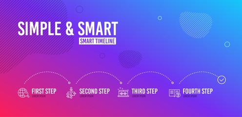 Infographic timeline. Block diagram, Music making and Internet search icons simple set. Help sign. Algorithm path, Dj app, Web finder. Documentation. Education set. 4 steps layout. Vector