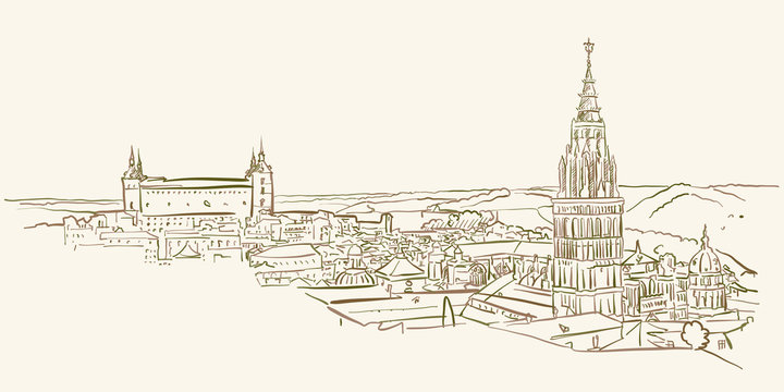 Landmark view drawing of Toledo, Spain