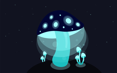 big blue mushroom glowing in the dark and small blue mushrooms on a black background