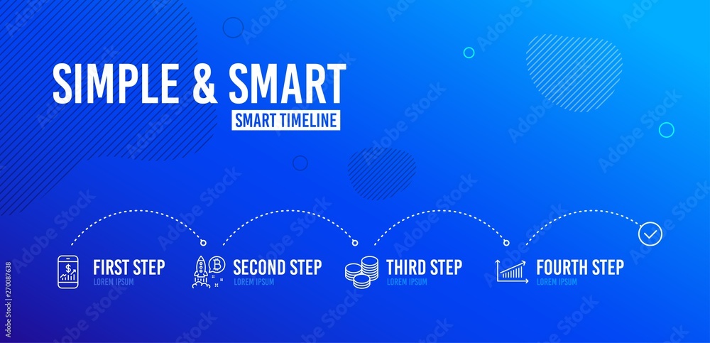 Poster infographic timeline. bitcoin project, tips and mobile finance icons simple set. chart sign. cryptoc