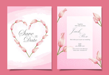 Modern tulips wedding invitation cards template design. Pink color theme with beautiful hand-drawn watercolor flowers