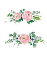 two floral bouquet design: garden pink Rose flower, anemone Eucalyptus branch greenery leaves.
