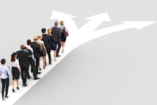 Group of business people standing in line waiting to choose a direction. Choosing a business destination or career path concept with room for text, logo, or copy space. 3d rendering