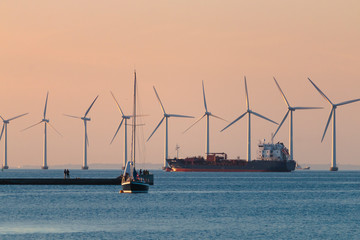 Windmils, cargo vessel, boat ship, Copenhagen Denmark