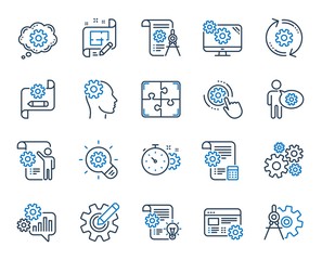 Engineering line icons. Set of Idea bulb, Dividers tools and Blueprint linear icons. Cogwheel, calculate price, mechanical tools. Idea bulb with cog, architect dividers, engineering people. Vector