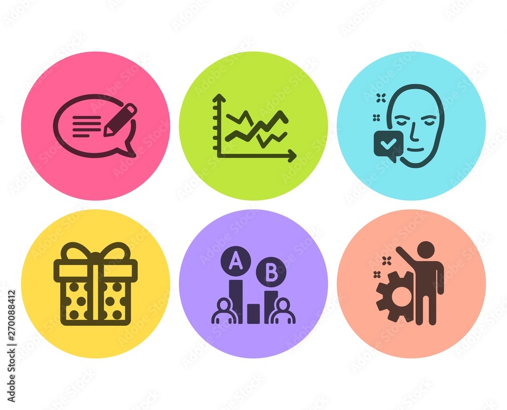 Poster diagram chart, ab testing and face accepted icons simple set. gift box, message and employee signs. 