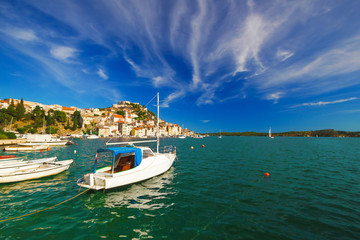 Fototapeta na wymiar UNESCO town of Sibenik sailing destination coast view