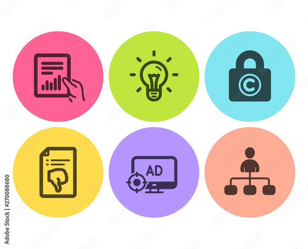 Poster idea, copyright locker and thumb down icons simple set. seo adblock, document and management signs. 