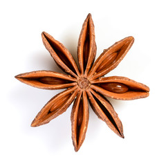 Star anise. Single star anise fruit. Macro close up Isolated on white square background with shadow, top view of chinese badiane spice or Illicium verum.