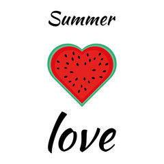 Flat flat illustration of watermelon. Slices of juicy watermelon in the shape of a heart. Summer illustration for sales, postcards, icons, highlights. Love and summer.