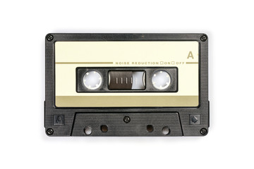 Audio compact cassette. Analog tape format for audio playing and recording. Audio cassette isolated on white background.