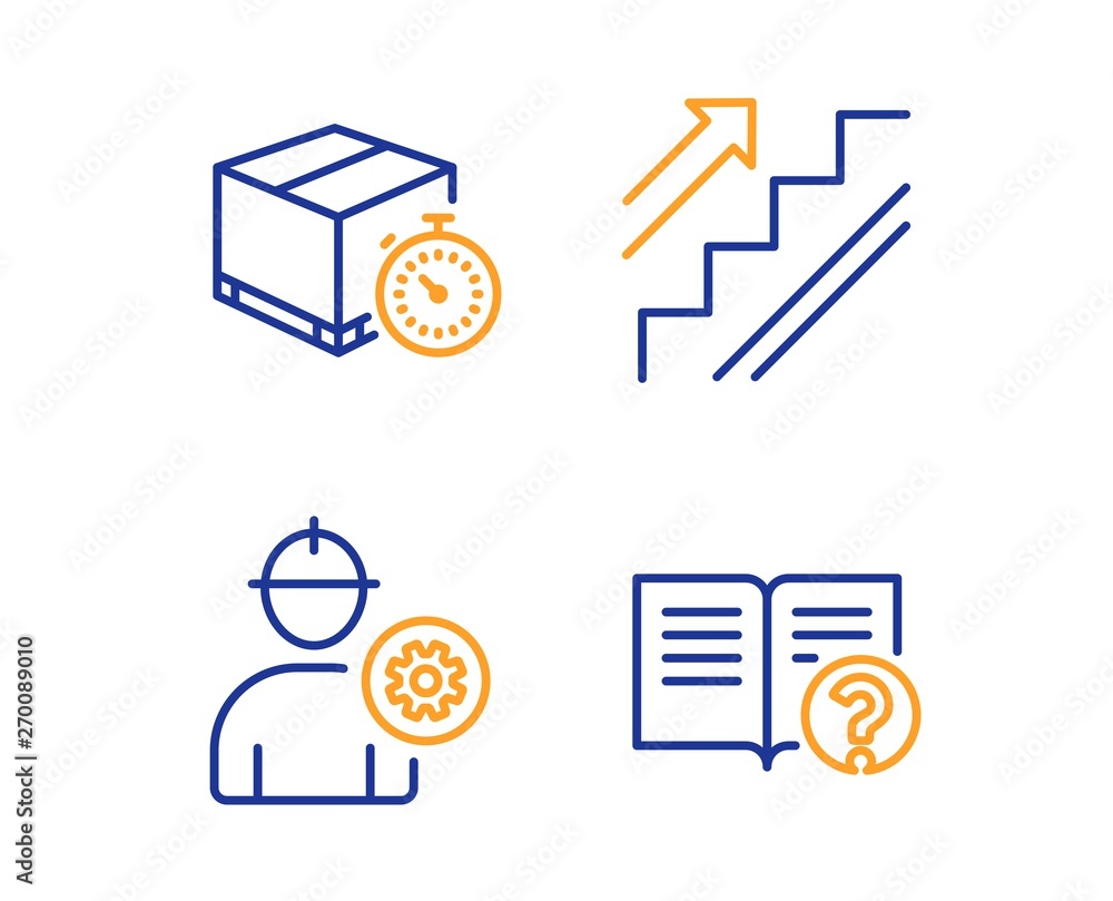 Poster delivery timer, stairs and engineer icons simple set. help sign. express logistics, stairway, worker