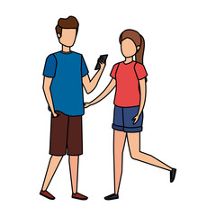 young couple using smartphone characters