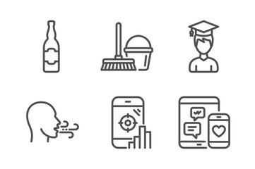 Breathing exercise, Seo phone and Bucket with mop icons simple set. Beer bottle, Student and Social media signs. Breath, Search engine. Line breathing exercise icon. Editable stroke. Vector