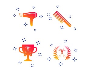 Hairdresser icons. Scissors cut hair symbol. Comb hair with hairdryer symbol. Barbershop laurel wreath winner award. Random dynamic shapes. Gradient hairdryer icon. Vector