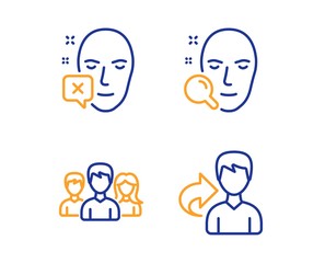 Teamwork, Face search and Face declined icons simple set. Share sign. Group of users, Find user, Identification error. Male user. People set. Linear teamwork icon. Colorful design set. Vector