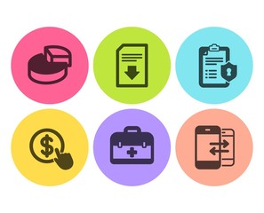 Pie chart, Privacy policy and First aid icons simple set. Buy currency, Download file and Phone communication signs. 3d graph, Checklist. Business set. Flat pie chart icon. Circle button. Vector