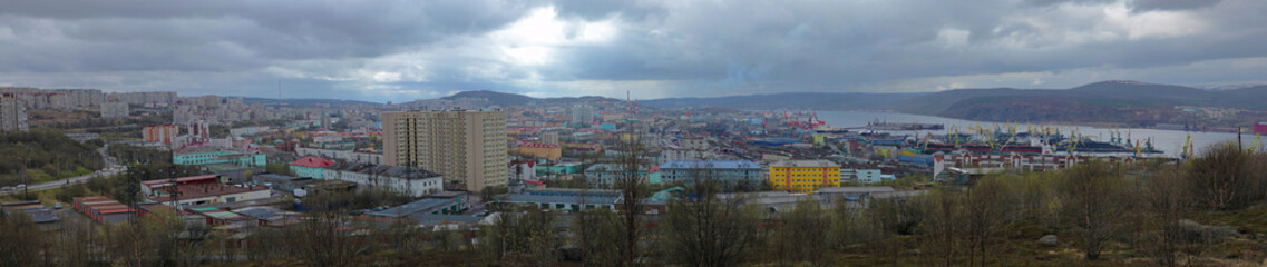 Panorama of the city of Murmansk in cloudy weather. The view from the observation deck of the memorial to the heroism 1941-1944