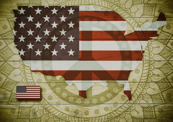 Fototapeta na wymiar Flag of America and a sign of peace in the background.