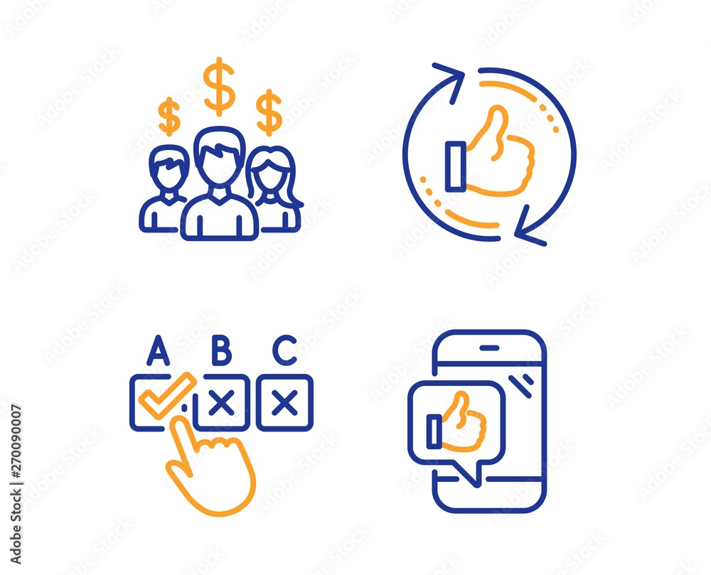 Poster salary employees, refresh like and correct checkbox icons simple set. mobile like sign. people earni