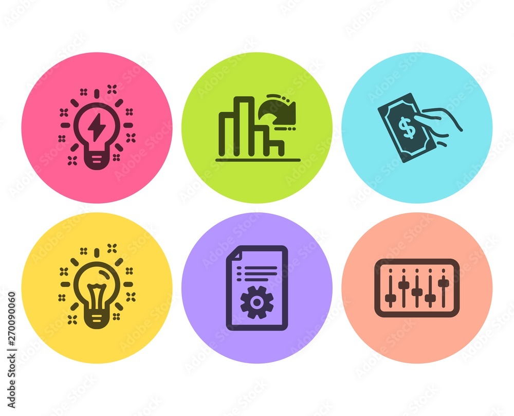 Poster inspiration, decreasing graph and idea icons simple set. pay money, technical documentation and dj c
