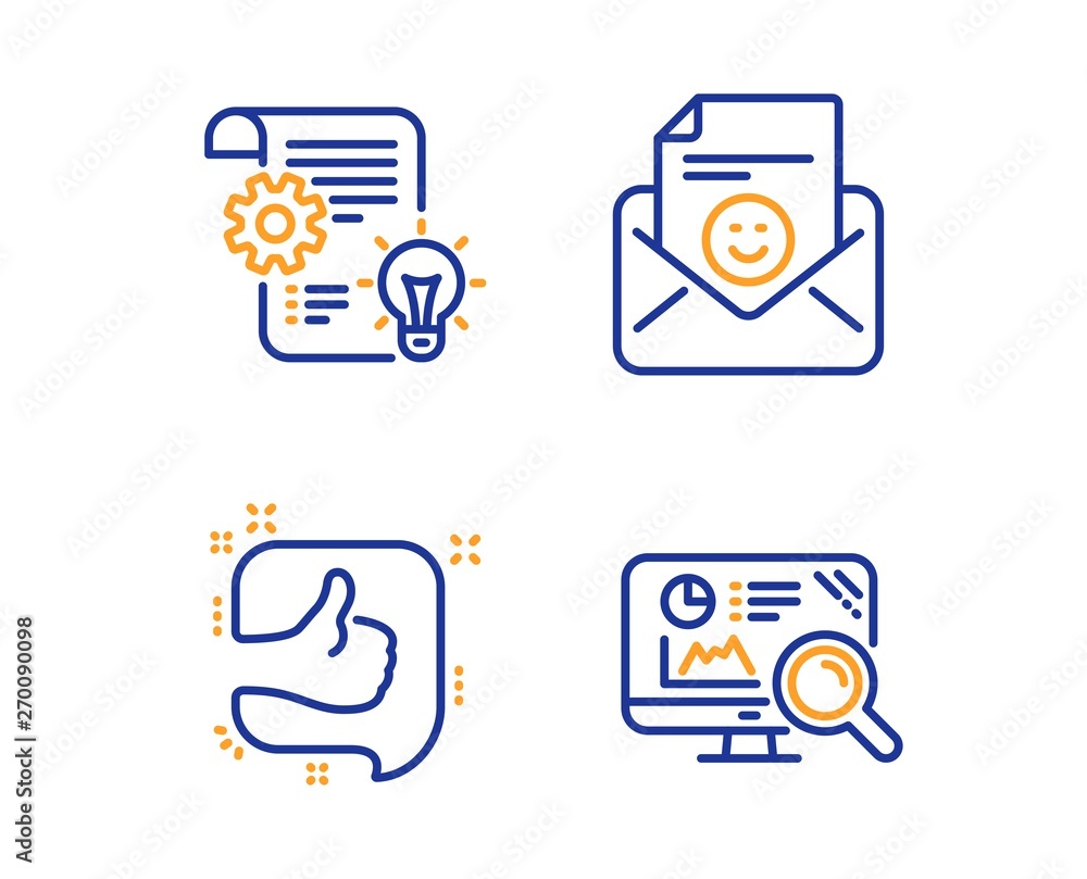 Poster cogwheel, smile and like icons simple set. seo analytics sign. idea bulb, positive mail, thumb up. s