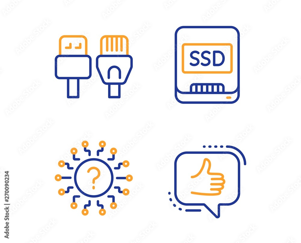 Aufkleber computer cables, question mark and ssd icons simple set. like sign. rj45 internet, quiz chat, memory