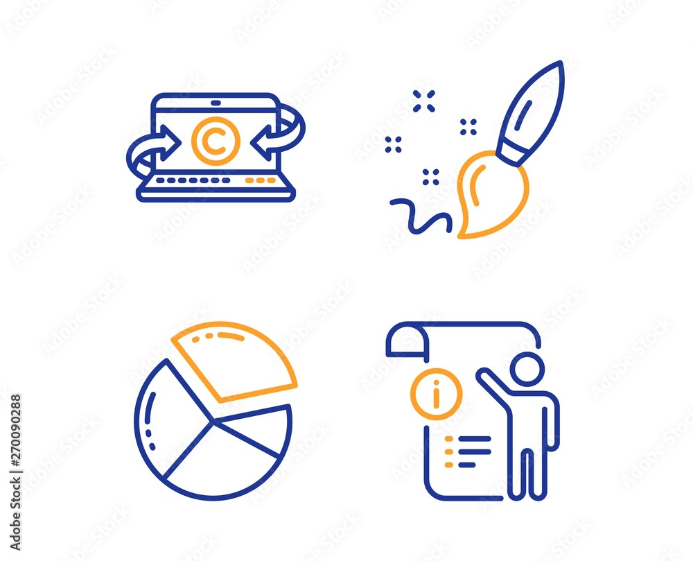Poster paint brush, pie chart and copywriting notebook icons simple set. manual doc sign. creativity, prese