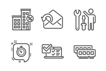 Online survey, Timer and Send mail icons simple set. Repairman, Loan house and Ram signs. Quiz test, Time management. Technology set. Line online survey icon. Editable stroke. Vector