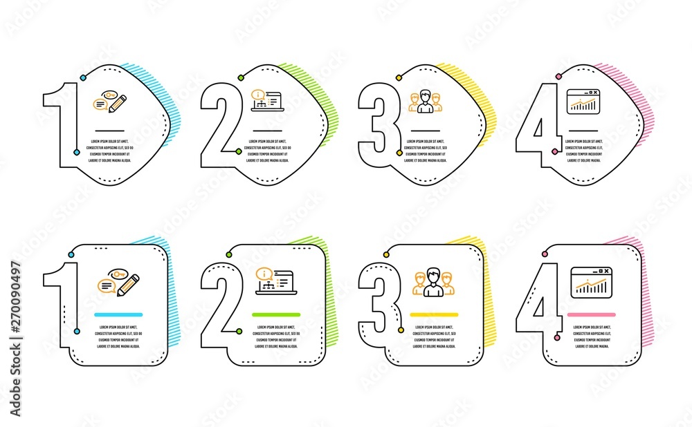 Poster keywords, group and online documentation icons simple set. website statistics sign. pencil with key,