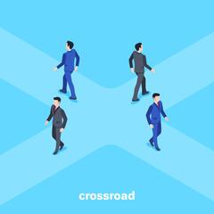 Fototapeta na wymiar isometric vector image on a blue background, a man in a business suit goes to the crossroads