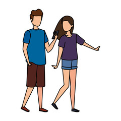 young couple using smartphone characters