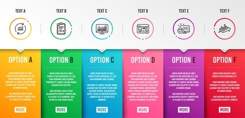 Reject web, Update data and Approved checklist icons simple set. Heart, Statistics and Growth chart signs. No internet, Sales statistics. Technology set. Infographic template. 6 steps timeline