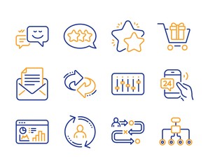 Happy emotion, User info and Journey path icons simple set. 24h service, Seo statistics and Dj controller signs. Star, Shopping cart and Mail correspondence symbols. Line happy emotion icon. Vector