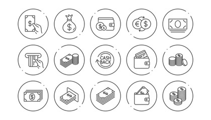 Fototapeta premium Money and payment line icons. Cash, Wallet and Coins. Account cashback linear icon set. Line buttons with icon. Editable stroke. Vector