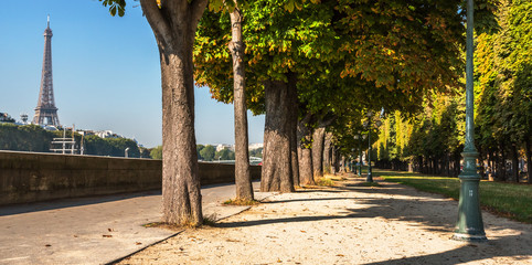 Morning landscape of the Eiffel Tower from the top of the Paris Seine embankment