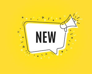 New symbol. Megaphone banner. Special offer sign. New arrival. Loudspeaker with speech bubble. Arrivals sign. Marketing and advertising tag. Vector