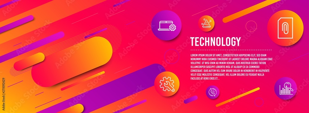 Poster header banner. pyramid chart, attachment and notebook service icons simple set. customisation, call 