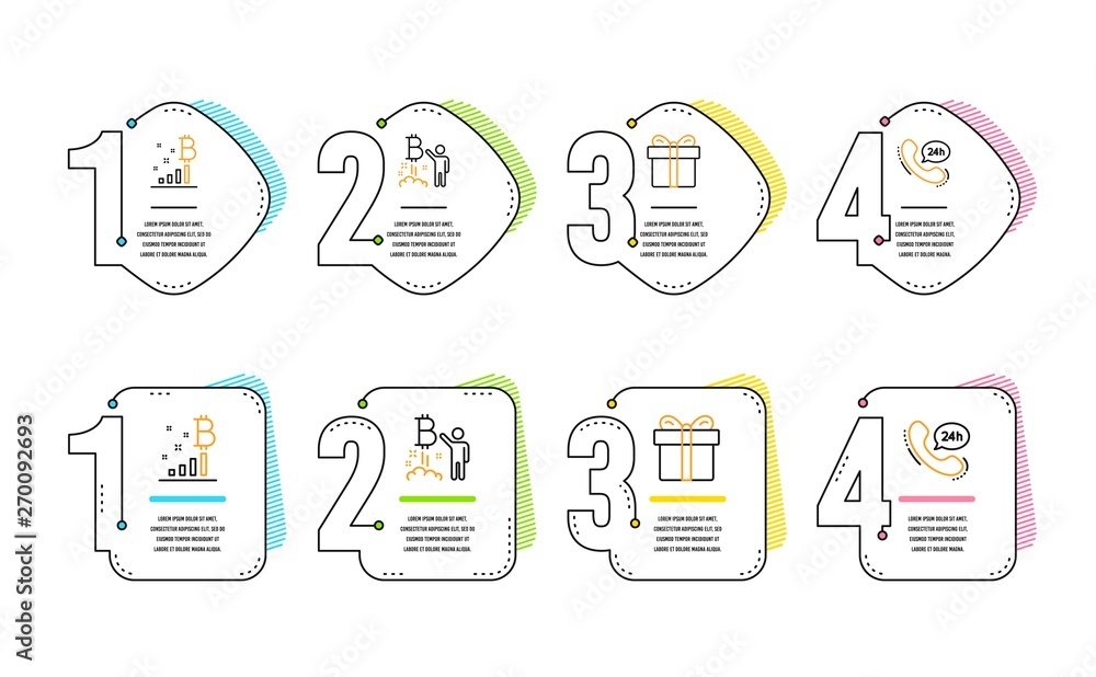Poster bitcoin project, gift box and bitcoin graph icons simple set. 24h service sign. cryptocurrency start